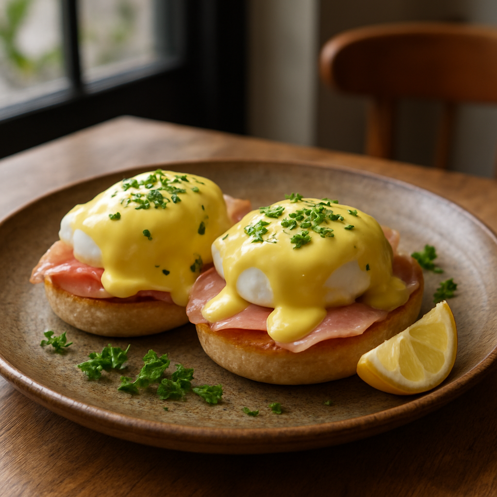 Eggs benedict with hollandaise sauce and fresh herbs