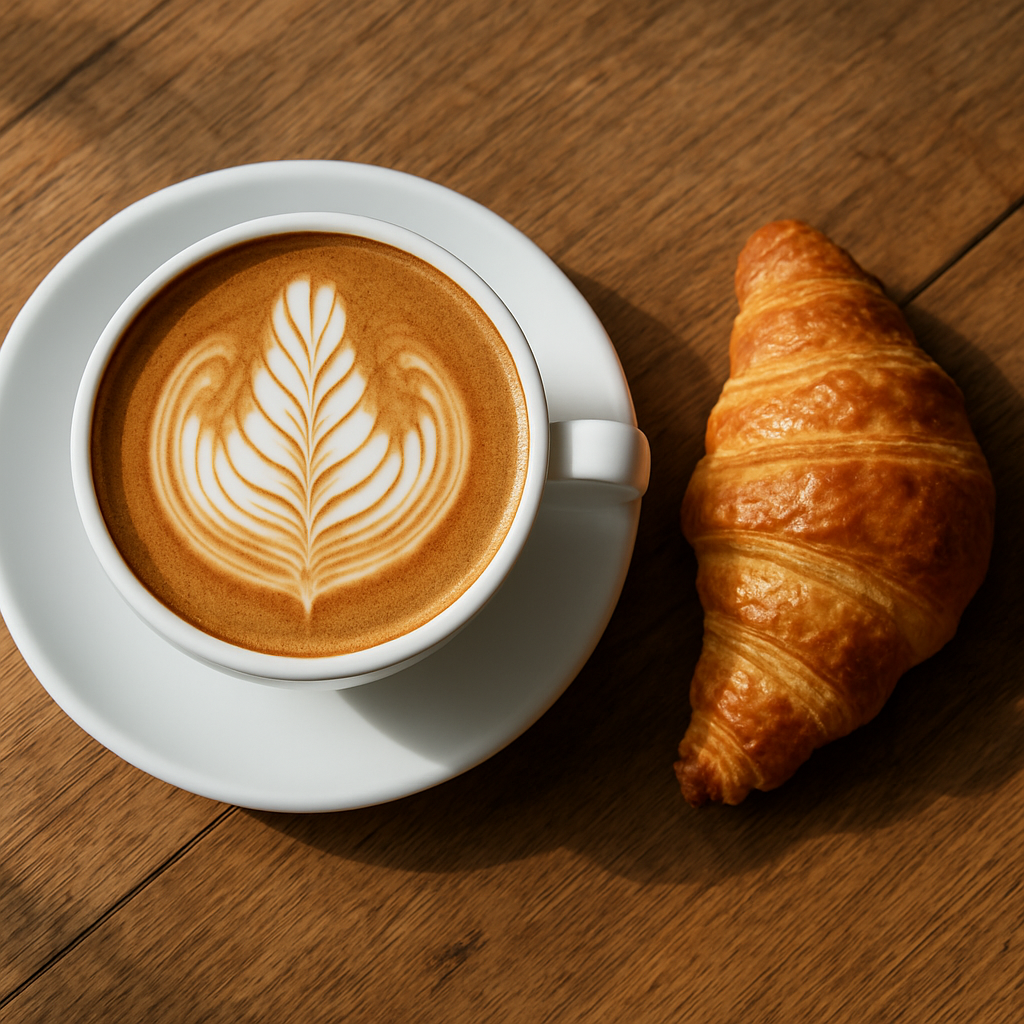 Latte art in a white ceramic cup at Baithouse café
