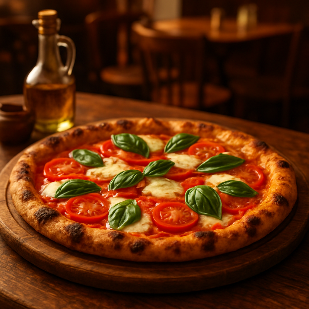 Artisan wood-fired pizza on a rustic wooden board