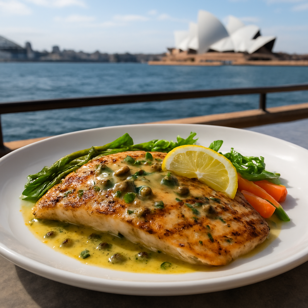 Grilled fish fillet with lemon butter sauce and vegetables